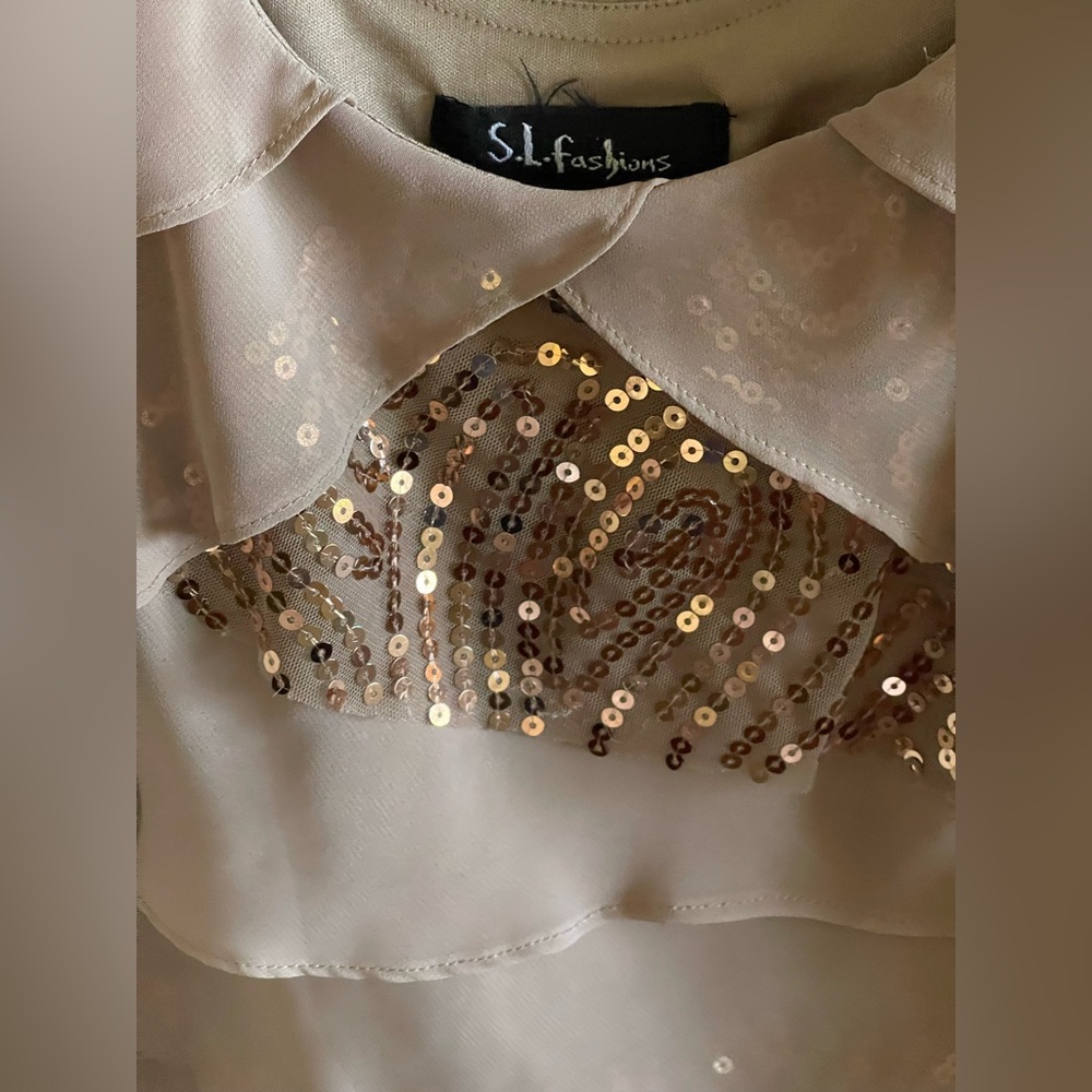 S.L. Fashions Elegant Lined Beige Sequin Layered Dress - Size 10